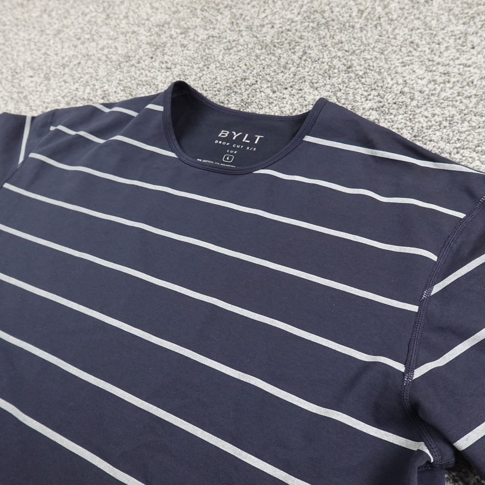 BYLT Shirt Mens L Blue Stripe Drop Cut Short Sleeve Lux Crewneck Stretch Tee Top